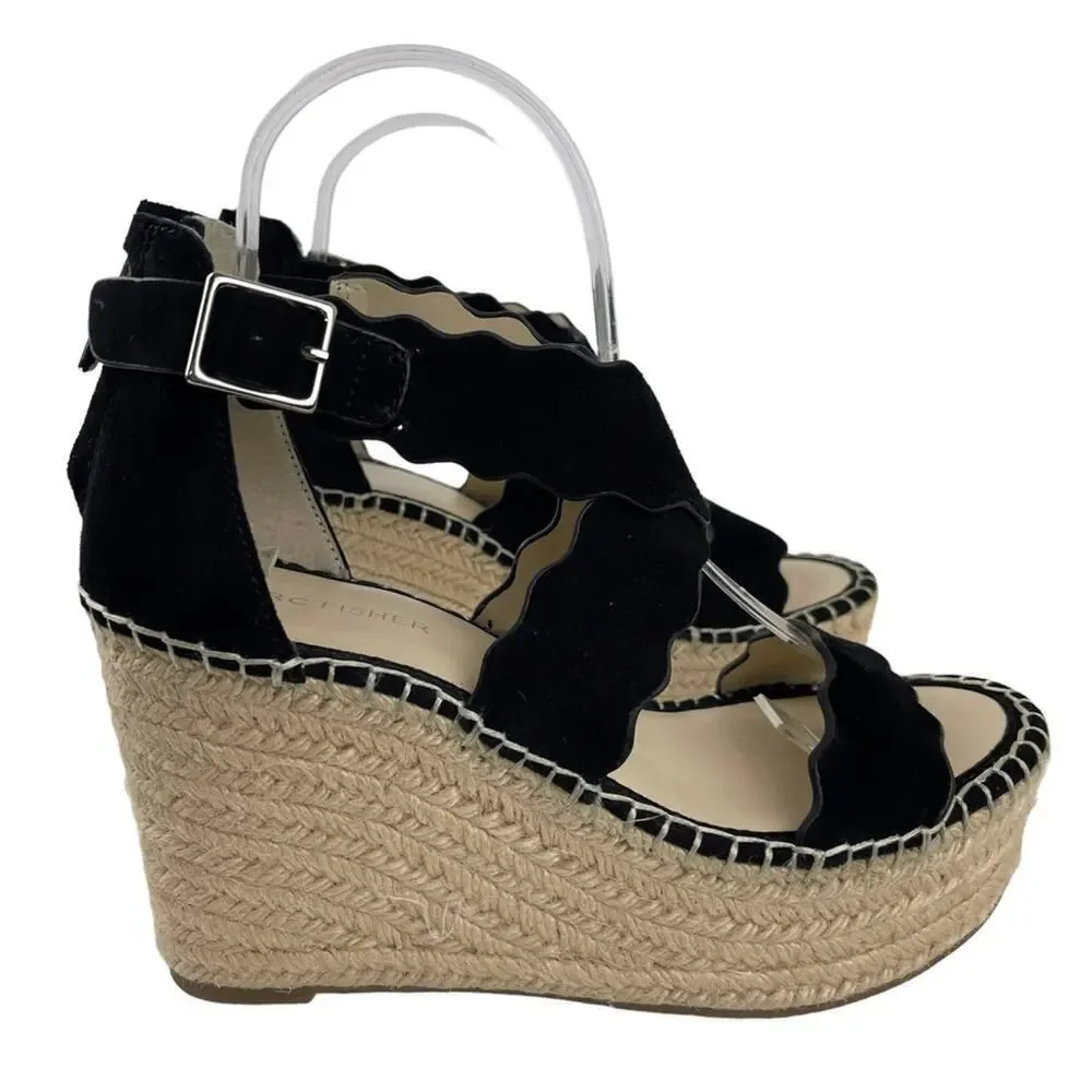 Marc Fisher Calita Black Suede Scalloped Crisscross Platform Espadrille Wedge 7M
